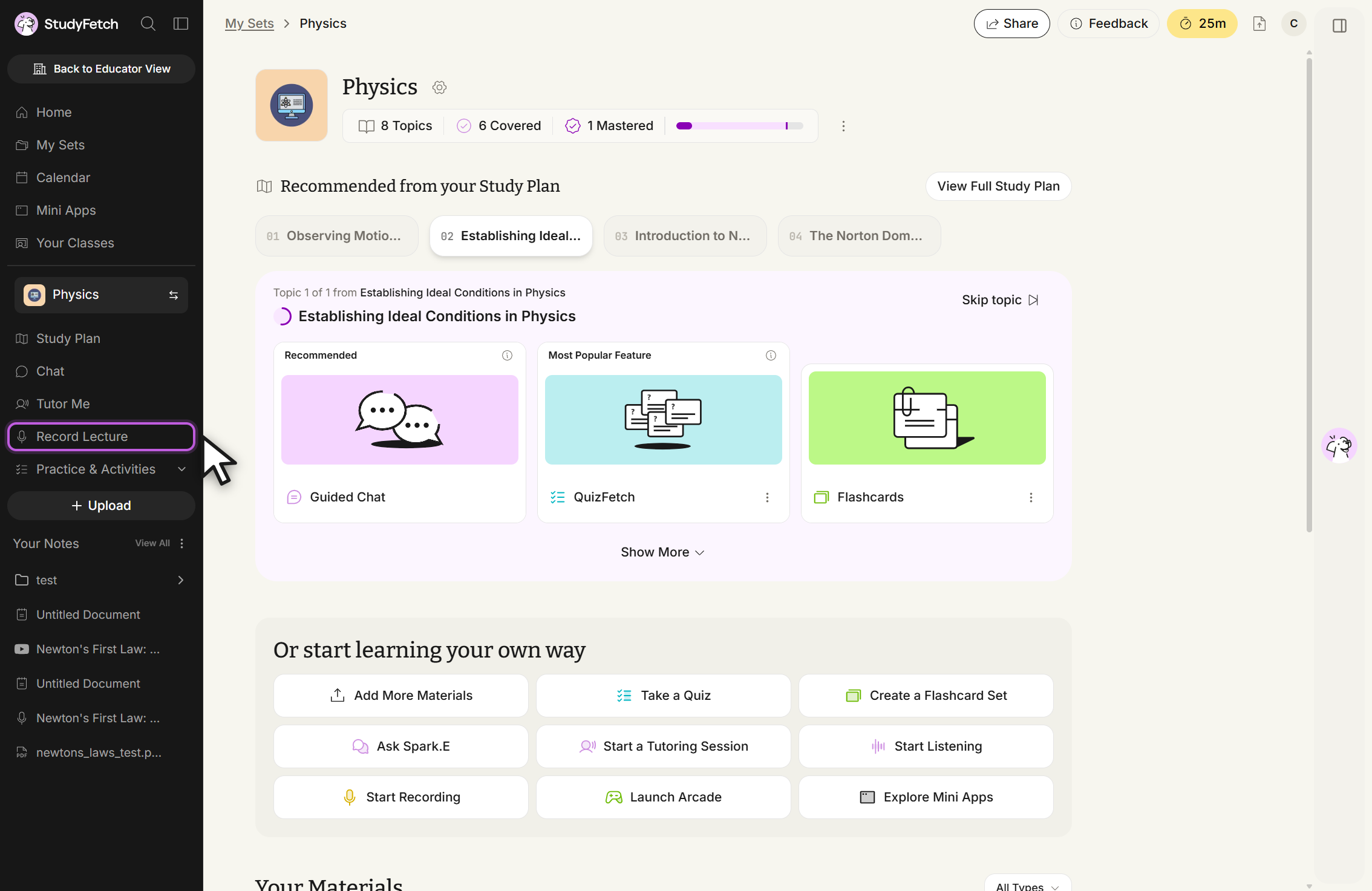 Study set page in StudyFetch. The left sidebar lists Home, My Sets, Calendar, Mini Apps, Your Classes, Study Plan, Chat, Tutor Me, Record Lecture, and Practice & Activities, with Record Lecture outlined and the cursor over it.