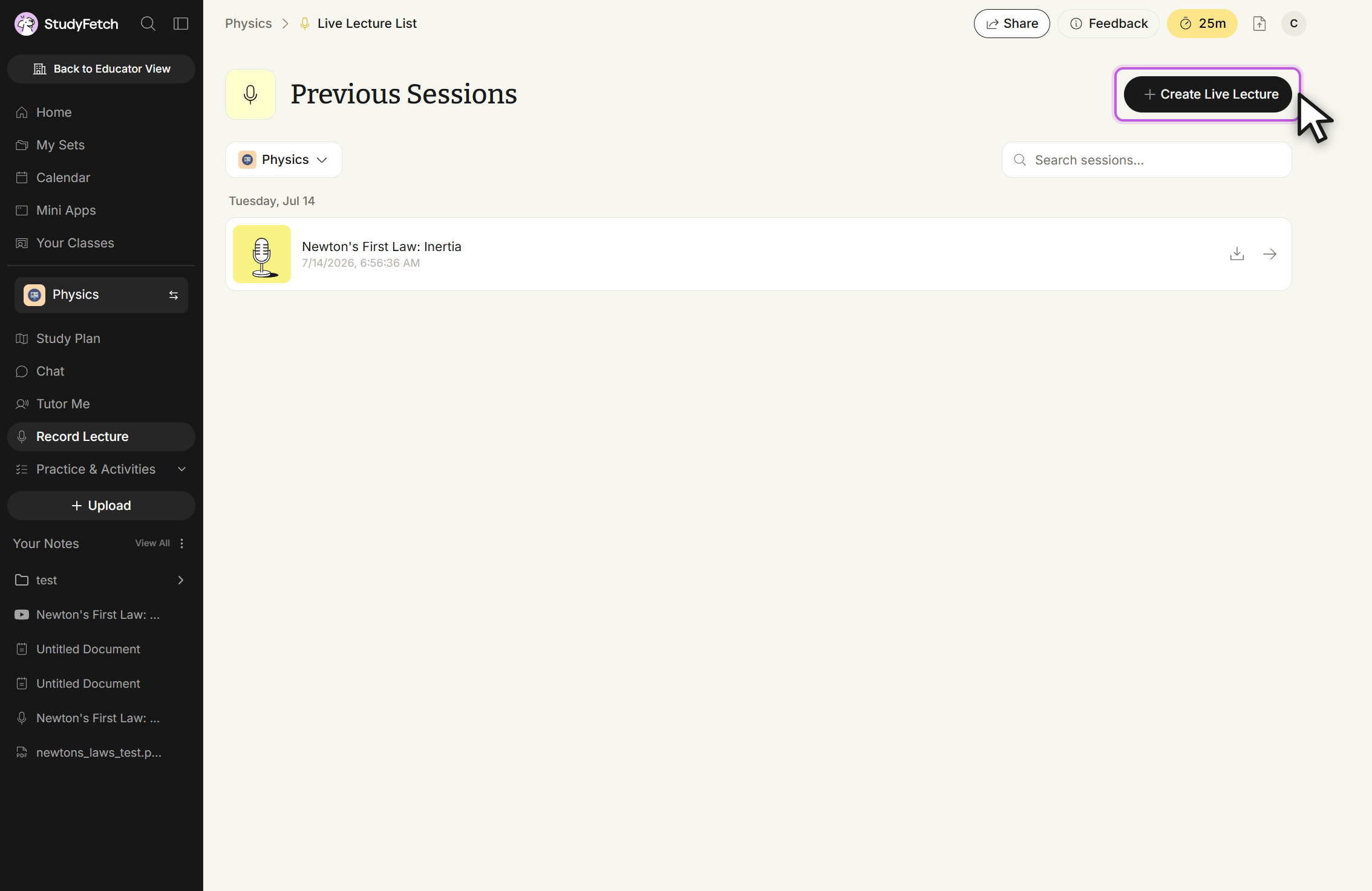 Live Lecture List page for a study set, headed Previous Sessions. A Create Live Lecture button is outlined at the top right with the cursor over it, a study set filter dropdown and a Search sessions box sit below it, and saved sessions are listed as rows grouped under a date heading, each row showing the session name and the time it was recorded.