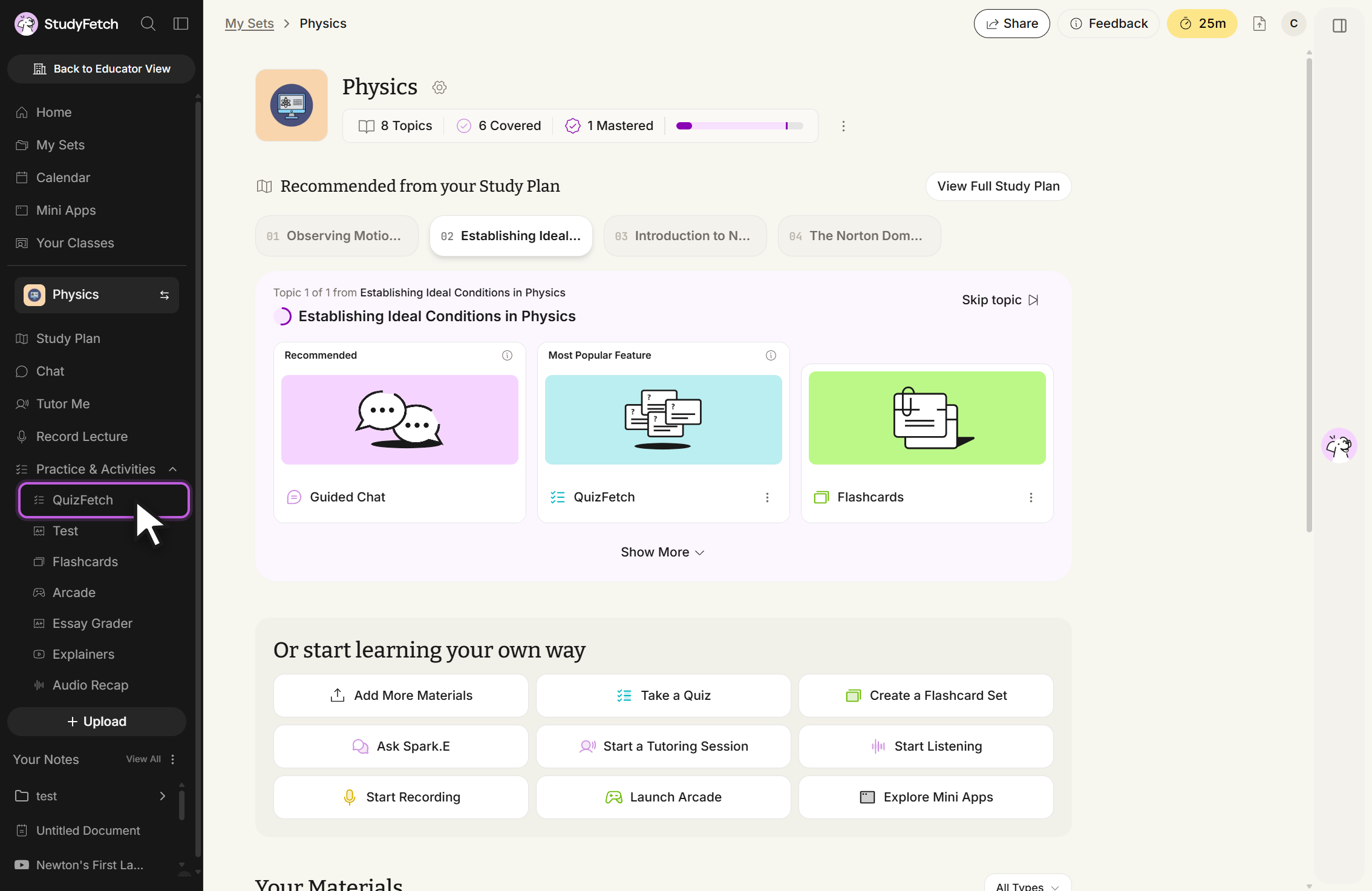 The Physics study set page in StudyFetch, breadcrumb My Sets then Physics. In the left sidebar the Practice & Activities section is expanded, listing QuizFetch, Test, Flashcards, Arcade, Essay Grader, Explainers and Audio Recap. The cursor points at QuizFetch, which is outlined as the selected item. The main panel shows Recommended from your Study Plan with Guided Chat, QuizFetch and Flashcards cards.